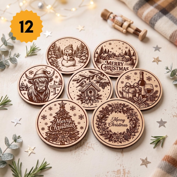 Christmas Coasters SVG Bundle, Vintage Holiday Xmas Coaster Laser Engraving Files, Engraved Wood Coaster Design for Glowforge, xTool SVG PNG