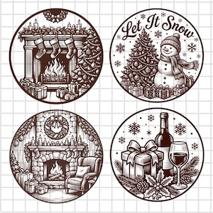 May include: Four circular illustrations in dark brown ink on a white grid background. The designs feature a fireplace with stockings, a snowman with the text Let It Snow, a cosy room with a fireplace and wreath, and a wine bottle with a gift box.