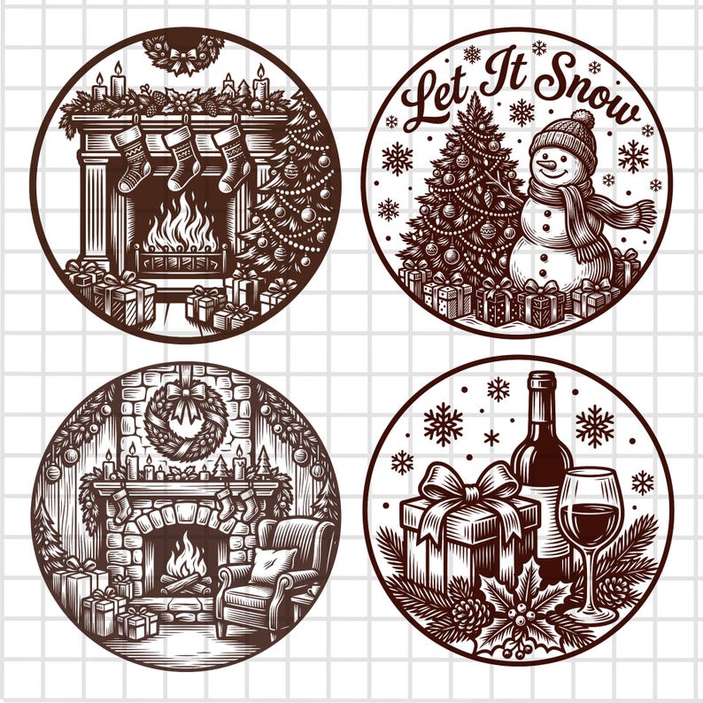 May include: Four circular illustrations in dark brown ink on a white grid background. The designs feature a fireplace with stockings, a snowman with the text Let It Snow, a cosy room with a fireplace and wreath, and a wine bottle with a gift box.