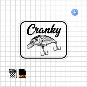 Pode incluir: Gráfico a preto e branco de uma isca de pesca com a palavra "Cranky" por cima. A isca tem dois anzóis triplos e está dentro de um retângulo arredondado. Ícones de ficheiros PNG e SVG no canto inferior esquerdo.