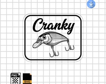 Cranky Crankbait Bass Fishing SVG PNG, Funny Fisherman Lure Hook Design, Smallmouth & Largemouth Bass Laser Engraving Leather Hat Patch File