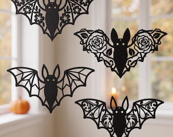 Halloween Bat SVG Bundle | Window Door Hanger SVG | Spooky Halloween Decor Bat Silhouette SVG Png Bundle