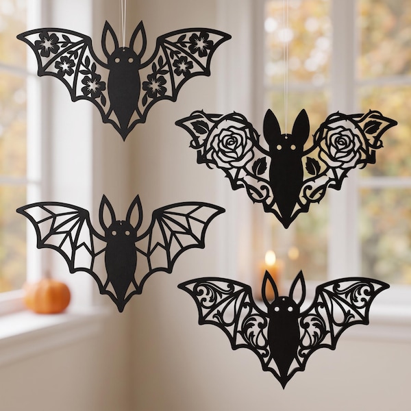 Paquete de archivos SVG de murciélagos de Halloween / Colgador de ventana/puerta SVG / Decoración espeluznante de Halloween Silueta de murciélago Paquete de archivos SVG PNG
