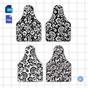 May include: Four black and white floral design tags. Each tag has a unique floral pattern. The tags are in a vertical orientation with a rounded top and a rectangular base. The image also includes SVG and PNG file type icons.