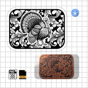 Może przedstawiać: Czarno-biała ilustracja indyka z wachlarzem piór ogonowych na tle dekoracyjnego, kwiatowego tła. Poniżej brązowa, drewniana rzeźba indyka o podobnym wzorze.