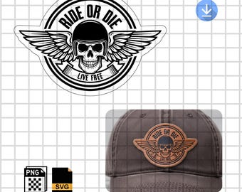 Ride or Die Biker SVG PNG | Live Free Skull Motorcycle Design | Chopper Wings Laser Engraving File | Leather Hat Patch Vector Cut File