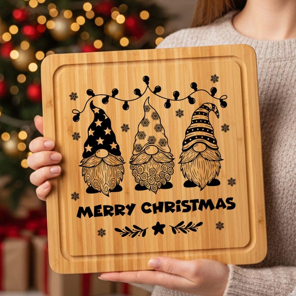 Gnomos navideños SVG para grabado láser / Diseño de gnomo de Feliz Navidad / Tabla de cortar de madera para embutidos SVG / Decoración navideña para la cocina