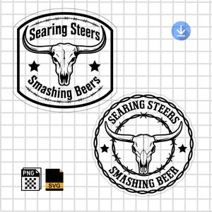 May include: Two black and white stickers with a western theme. One is an oval shape with the text "Searing Steers" and "Smashing Beers" around a bull skull. The other is a circle with the same design.