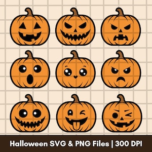 Halloweenpumpa SVG PNG-paket | Jack O'Lantern-ansikten | Söt, läskig pumpa Clipart | Halloween SVG lagerklippta filer