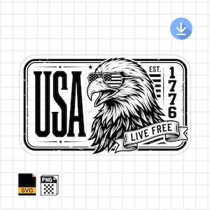Op de afbeelding: Zwart-wit afbeelding van een Amerikaanse zeearend met een zonnebril met het ontwerp van de Amerikaanse vlag. Het woord "USA" staat boven de adelaar en de woorden "LIVE FREE" staan op een banner eronder. Het jaar "1776" staat rechts.
