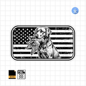 May include: Monochrome illustration of a Labrador Retriever with a duck in its mouth, set against a distressed American flag. The design is a patriotic tribute to hunting and the breed's skills.