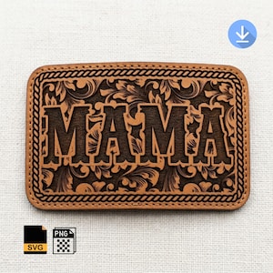 May include: A rectangular brown patch featuring the word MAMA in large, bold, dark brown letters. The background is filled with an intricate, dark brown floral scrollwork pattern, and the entire design is bordered by a rope-style edge detail.