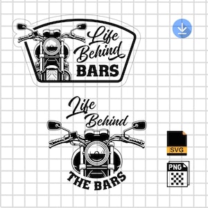 Può includere: Grafica di moto in bianco e nero con il testo "Life Behind BARS" in un font stilizzato. L'immagine include un design di moto e le parole "Life Behind The Bars". Adatto per adesivi o abbigliamento.