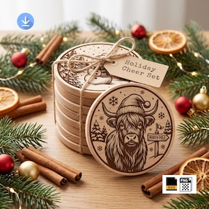 May include: A stack of round wooden coasters featuring laser-engraved designs of a Highland cow wearing a Santa hat and a snowman. The coasters are tied with twine and include a paper tag labelled Holiday Cheer Set in black text.