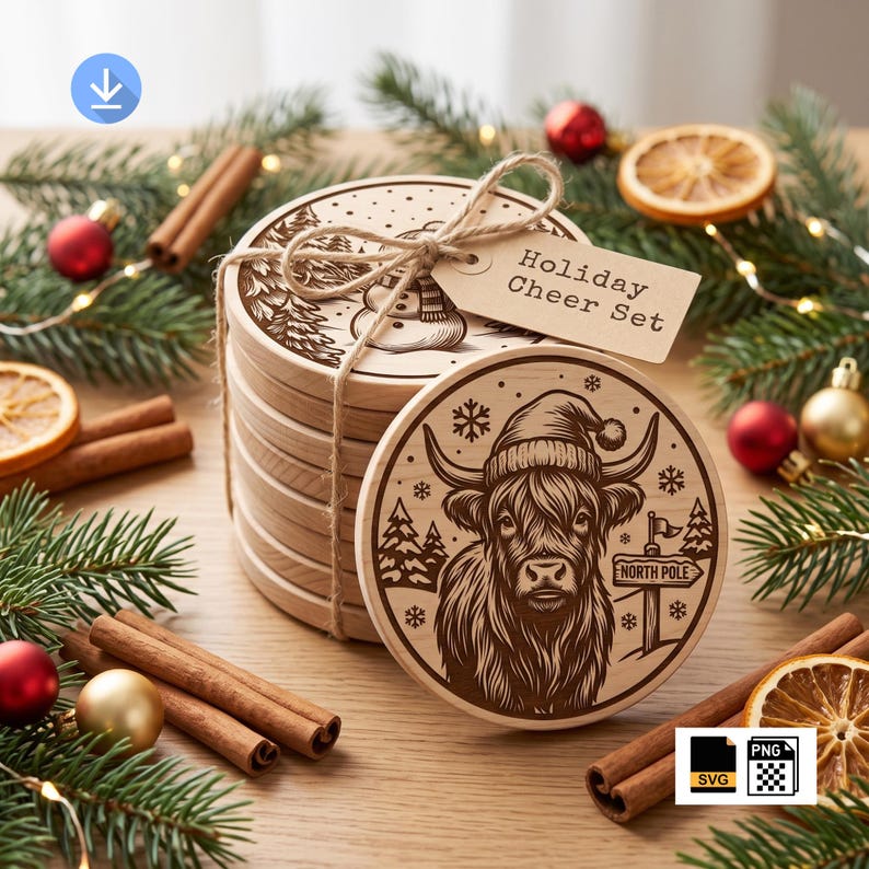 May include: A stack of round wooden coasters featuring laser-engraved designs of a Highland cow wearing a Santa hat and a snowman. The coasters are tied with twine and include a paper tag labelled Holiday Cheer Set in black text.