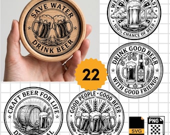 Beer Coaster SVG Bundle, Laser Engraving Files, Glowforge xTool CNC, Beer Lover Gift, Bar Decor Design, Wood Coaster Cut File, Home Bar SVG