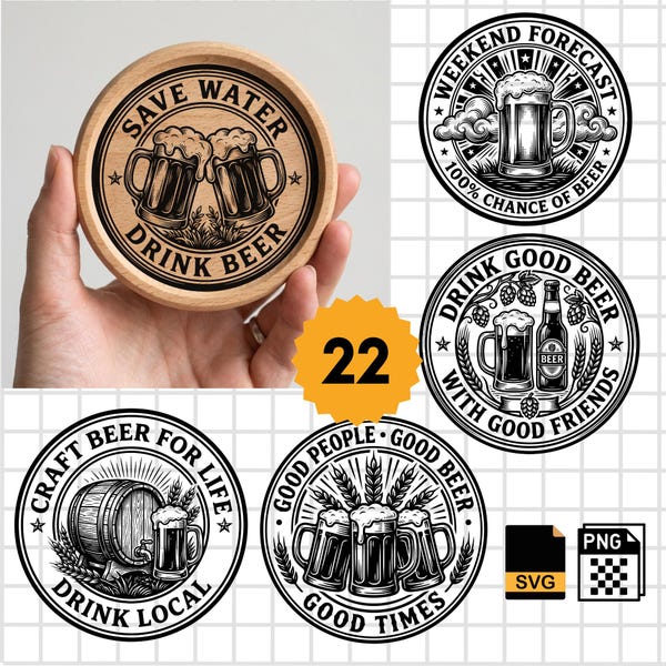 Bierdeckel SVG Bundle, Lasergravur, Glowforge xTool CNC, Bier Liebhaber Geschenk, Bar Dekor Design, Holzuntersetzer Schnittdatei, Hausbar SVG