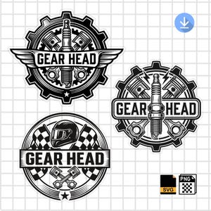 May include: Three black and white graphic designs featuring automotive themes. Two designs show a spark plug centered in a gear with wings or pistons. The third design features a racing helmet, checkered flags, and pistons. All include the text GEAR HEAD.