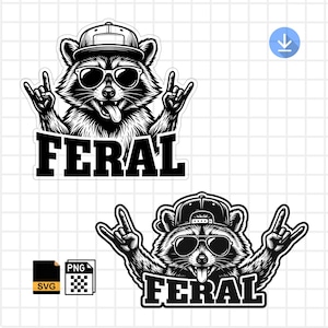 May include: Black and white illustration of a raccoon wearing sunglasses and a baseball cap, giving the rock and roll hand gesture. The word "FERAL" is printed in bold, black letters below the raccoon.
