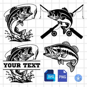 May include: Black and white fishing-themed graphics. Includes illustrations of largemouth bass, fishing rods, and a space for custom text. Also includes SVG and PNG file icons, and a download icon.