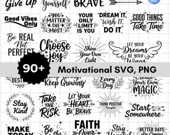 Puede incluir: Una colección de diseños SVG y PNG motivacionales en escritura negra. Las frases incluyen "Never Give Up", "Be Brave" y "Choose Joy". La imagen presenta varias fuentes y elementos decorativos, perfectos para proyectos de manualidades.