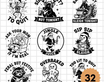 Snarky Christmas SVG Bundle, Funny Sarcastic Holiday Quotes, Santa Claus SVG, Skeleton Christmas PNG, Retro Xmas Clipart Set