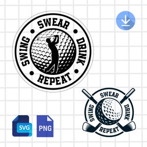 May include: Black and white golf-themed design with the text "SWING DRINK REPEAT" encircling a golf ball and a golfer silhouette. Includes SVG and PNG file icons, and a download icon.