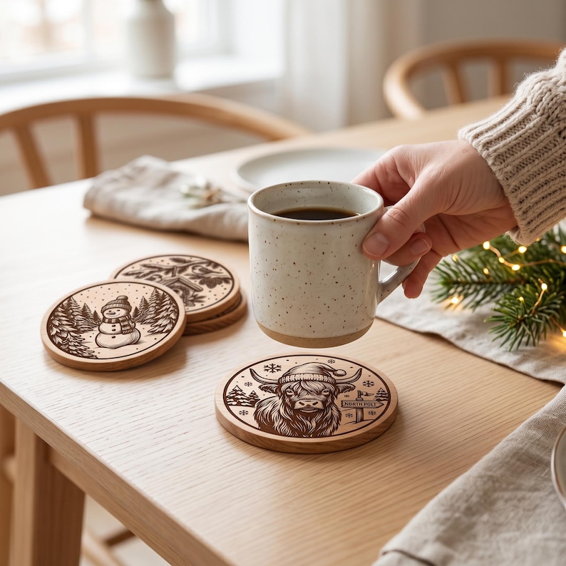 May include: A set of round wooden coasters featuring laser-engraved holiday designs, including a snowman in a forest, a birdhouse, and a Highland cow wearing a Santa hat with a North Pole sign, accompanied by a speckled ceramic mug.