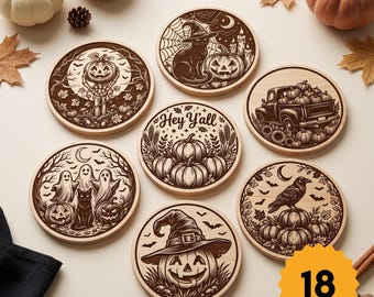 Halloween Coaster SVG Bundle, Laser Engraving Files, Round Coaster SVG, Fall Coaster Designs, Glowforge, xTool, LightBurn Designs