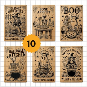 May include: A set of six rectangular wooden cutting boards featuring black engraved Halloween illustrations. Designs include a witch, skeletons, and ghosts with text such as Seasoned with Spells, Bone Appetit, Boo, Halloween Kitchen, and Wickedly Delicious.