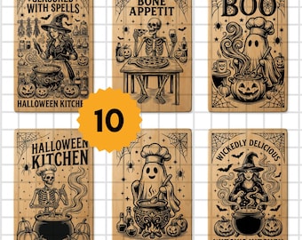 Halloween Cutting Board SVG Bundle, 10 Skeleton Kitchen Witch Designs, Glowforge xTool Laser Engraving File, Charcuterie Board Decor PNG