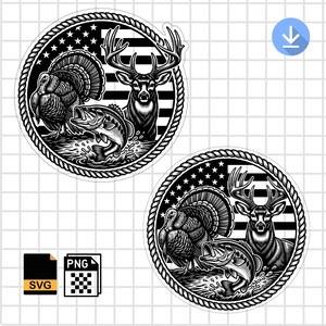 May include: Two circular black and white graphic designs featuring a turkey, a deer, and a jumping fish layered over a stylized American flag background, all enclosed within a rope-style border. The image includes SVG and PNG file icons.