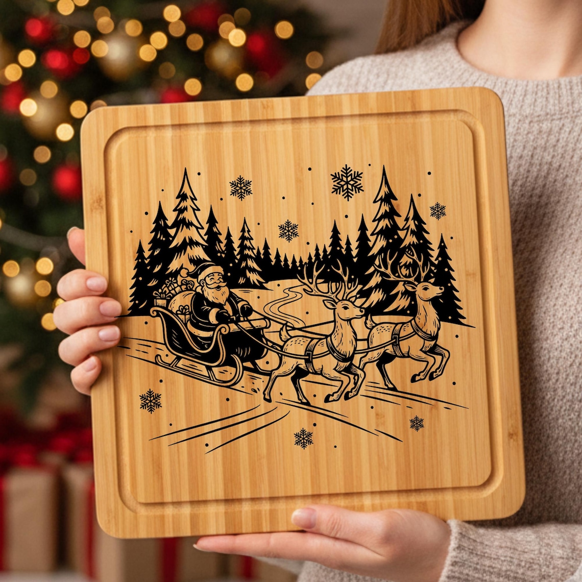 Christmas Cutting Board Laser Engraving File, Santa Sleigh Reindeer ...