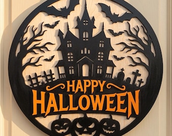 Halloween SVG Round Door Sign, Haunted House Laser Cut File, Door Hanger SVG For Glowforge xTool Decor, Spooky Sign PNG Designs