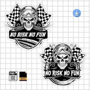 May include: Black and white graphic featuring a skull wearing a racing helmet and goggles, flanked by checkered flags. The text "NO RISK NO FUN" is prominently displayed. The design is suitable for stickers or apparel.