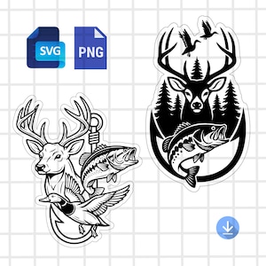 May include: Black and white illustrations of outdoor themes. One features a deer, fish, and duck on a hook. The other shows a deer, fish, and birds. Includes SVG and PNG file icons.