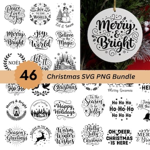 May include: A digital collection of 46 black and white Christmas-themed graphic designs featuring various holiday phrases like Merry and Bright, Joy to the World, and Let it Snow, displayed alongside a circular white ornament with black text.