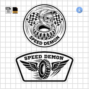 May include: Black and white graphic designs featuring a motorcycle helmet with a skull face, checkered flags, and the words "SPEED DEMON". Another design shows a tire with wings and the words "SPEED DEMON".