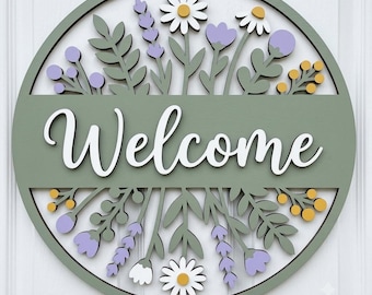 Floral Welcome Sign SVG, Round Door Hanger SVG | Daisy Lavender Wreath, Spring Summer Farmhouse Sign | Glowforge Multi Layer Laser Cut File