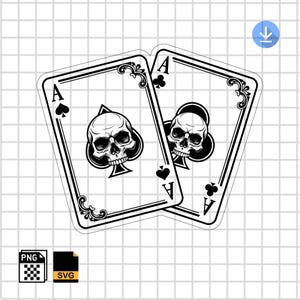 May include: Two playing cards featuring the Ace of Spades and Ace of Clubs, each with a skull design. The cards are black and white with ornate borders and are set against a grid background.