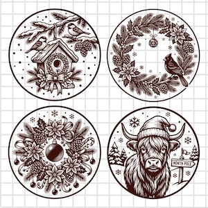 May include: Four circular illustrations featuring winter themes: a birdhouse with two birds, a wreath with a cardinal, a decorative wreath with ornaments and poinsettias, and a Highland cow wearing a Santa hat next to a North Pole sign.