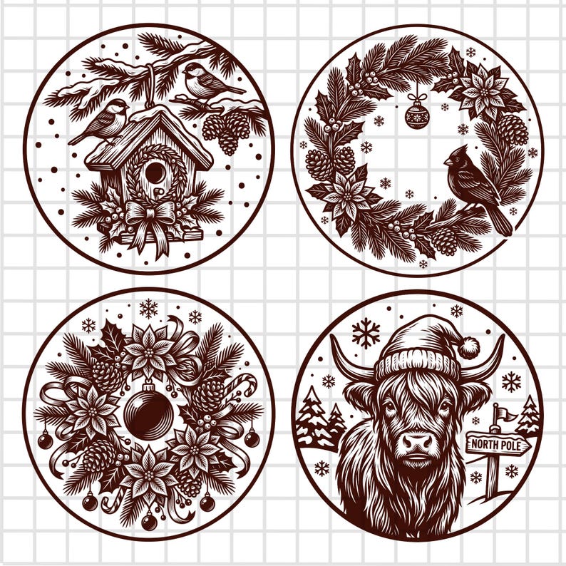 May include: Four circular illustrations featuring winter themes: a birdhouse with two birds, a wreath with a cardinal, a decorative wreath with ornaments and poinsettias, and a Highland cow wearing a Santa hat next to a North Pole sign.
