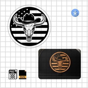 May include: A black and white graphic of a bull skull wearing a cowboy hat, set against an American flag design. The design is circular and also appears as a patch on a black hat.