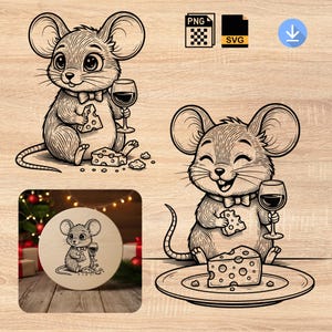 Op de afbeelding: Zwart-wit cartoonillustratie van een muis die een stuk kaas en een glas wijn vasthoudt. De muis draagt een vlinderdas. Extra kaas en een bord zijn ook afgebeeld. Een houten onderzetter met dezelfde afbeelding is ook afgebeeld.