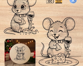 Muis met kaas en wijn | Charcuteriebord SVG PNG-lasergravureontwerp | Grappig keukencadeau voor kaasliefhebbers | Glowforge-bestand