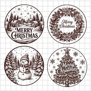 May include: Four circular illustrations in dark brown ink on a white grid background. The designs feature a snowy village, a poinsettia wreath, a snowman in a forest, and a decorated Christmas tree, each with the text Merry Christmas included.