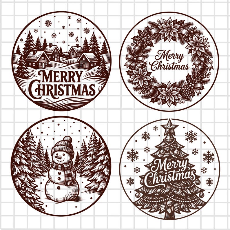 May include: Four circular illustrations in dark brown ink on a white grid background. The designs feature a snowy village, a poinsettia wreath, a snowman in a forest, and a decorated Christmas tree, each with the text Merry Christmas included.