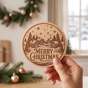 May include: A round light-coloured wooden coaster featuring a laser-engraved winter scene with small houses, pine trees, and falling snowflakes. The text Merry Christmas is engraved in the centre in a decorative serif font with dark brown details.