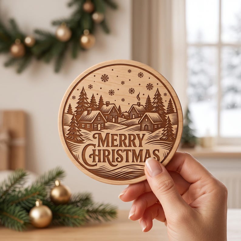 May include: A round light-coloured wooden coaster featuring a laser-engraved winter scene with small houses, pine trees, and falling snowflakes. The text Merry Christmas is engraved in the centre in a decorative serif font with dark brown details.