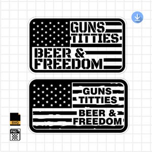 May include: Two black and white stickers with an American flag design. The text on the stickers reads "GUNS TITTIES BEER & FREEDOM". The stickers are rectangular with rounded corners.